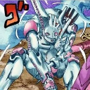 An armored humanoid character in a dynamic pose with metallic silver and pink plating.