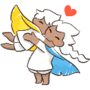 Two stylized figures with capes embracing each other in a happy, affectionate hug.