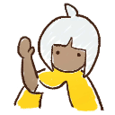 A cartoon character with white hair and a yellow cloak waving its right hand.