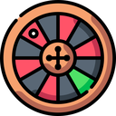 Casino roulette wheel with red, gray, and green segments and a small ball.