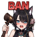 Anime girl with cat ears holding a wooden gavel with the word BAN written in red above her head.