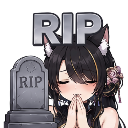 Anime girl with cat ears praying with closed eyes in front of a gray tombstone labeled RIP.