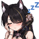 A cat girl with black hair and cat ears rests her head on her hand with a gentle, blushing expression.