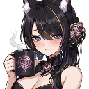 Cat girl with black hair and ears holding a steaming mug while looking at the viewer with a smug expression.