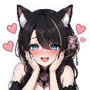 Anime girl with black cat ears blushing and holding her cheeks with hearts floating around her.
