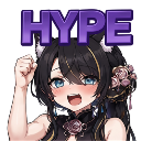 Anime girl with dark hair and blue eyes cheering with the word HYPE displayed above her head.