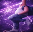 Patrick Star shooting purple lasers from his eyes while standing in a lightning-filled purple void.