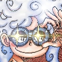Character wearing goggles with bright yellow star-shaped reflections in the lenses.