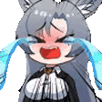 Anime girl with gray hair crying intensely with large blue tears streaming down her face.
