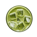 A top-down view of a glass filled with green matcha tea and several ice cubes.