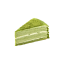 A slice of green matcha cake with white frosting layers.