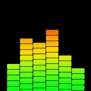 Audio equalizer with vertical bars in green, yellow, and orange against a black background.