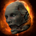 A gray, decaying human-like head floating inside a ring of orange fire.