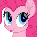 Pinkie Pie with large blue eyes sticking its tongue out in a playful blep expression.