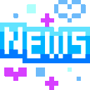 Text reading NEWS repeated four times on a blue pixelated bar, surrounded by small pink hearts and crosses.