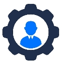 A blue person icon centered inside a dark blue mechanical gear.