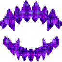 A pair of jagged, glowing purple pixelated lips open wide as if biting.