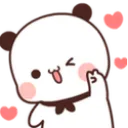 A cute white panda with brown ears winking and sticking its tongue out while surrounded by floating pink hearts.