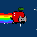 A pixelated cat with an apple body flying through space and leaving a rainbow trail.
