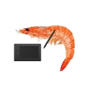 A cooked shrimp holding a digital stylus over a black graphics tablet.