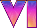 The letters VI in a vibrant purple to orange gradient with a subtle palm tree silhouette overlay.