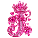 Letter J adorned with a crown, ribbons, and hearts in a bright, sparkling pink style.