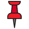 A red thumbtack with a sharp metal point facing downwards.