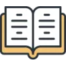 An open book with visible text lines on the pages shown in a flat, minimalist style.