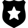 A black circular badge with a white border and a simple white symbol in the center.