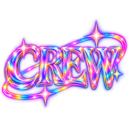 The word CREW in holographic 3D text decorated with glowing star sparkles.