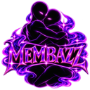 Two shadowy silhouettes embracing each other surrounded by a glowing purple aura and sparkling effects with the text MEMBAZZ…