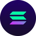 Solana logo icon featuring a stylized S shape in neon green and purple on a dark blue circular background.