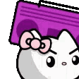 A white cartoon cat with a pink bow and an angry expression carries a purple boombox on its shoulder.