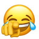 A yellow smiley face laughing with tears streaming down its cheeks while pointing a finger directly forward.