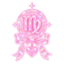 Virgo zodiac symbol inside a sparkling pink circular frame with a ribbon bow and heart charm.