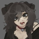 A dark-haired anime girl with a wide, unhinged grin and a red collar.