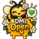 A smiling cartoon bee perched on a honeycomb frame with the text DMs Open and a green heart icon.