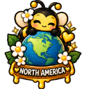 A cute cartoon bee with a happy expression hugging a globe, surrounded by white flowers and yellow sparkles.