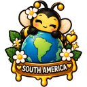 A cute cartoon bee with a flower on its head hugging a globe, with the text South America written on a honey-dripping banner…