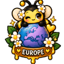 A cute bee winking and hugging a globe with flowers and a honey-dripping sign that says Europe.