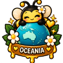 A cute cartoon bee hugging a blue globe with the text Oceania on a banner below, surrounded by flowers and hearts.