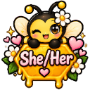 A winking bee with a flower on its head sits on a honeycomb cell labeled She/Her surrounded by pink hearts and white flowers.