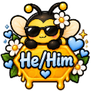 A cute cartoon bee wearing sunglasses resting on a honeycomb with the text He/Him surrounded by flowers and blue hearts.