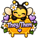 A cute cartoon bee with a daisy on its head rests on a honeycomb labeled They/Them, surrounded by purple hearts.