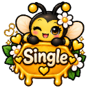 A cute cartoon bee with a flower on its head winking while holding a honeycomb sign that says Single surrounded by small hea…