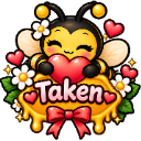 A cute cartoon bee holding a red heart above a honeycomb sign that says Taken, surrounded by flowers.