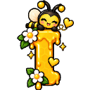 A cute cartoon bee smiling while sitting on a dripping honey-covered letter I decorated with white flowers and small hearts.