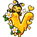 Letter V covered in dripping honey with a small smiling bee and white flowers attached.