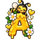 A stylized letter A covered in dripping honey with a cute cartoon bee sitting on top and daisies decorating the sides.