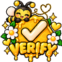 A cute cartoon bee resting on a honey-dripping checkmark surrounded by flowers and sparkles.